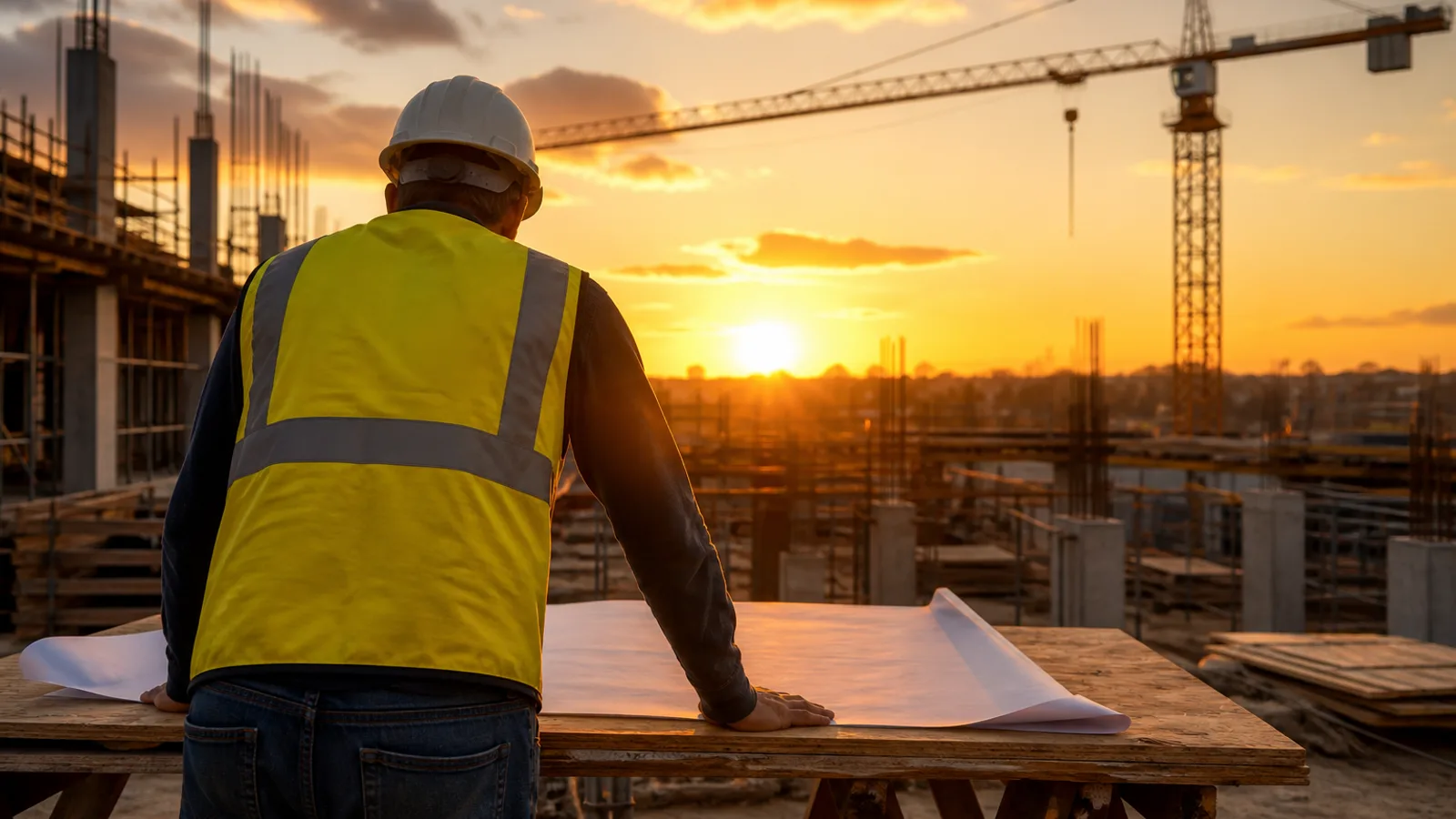 A construction site manager's back, reviewing blueprints on a makeshift folding table at golden hour, a tower crane visible in the background.
