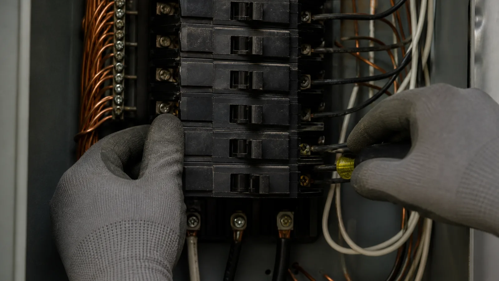 An electrician's hands working inside an open breaker panel, organized circuit breakers and conduit runs visible, a headlamp illuminating the interior.