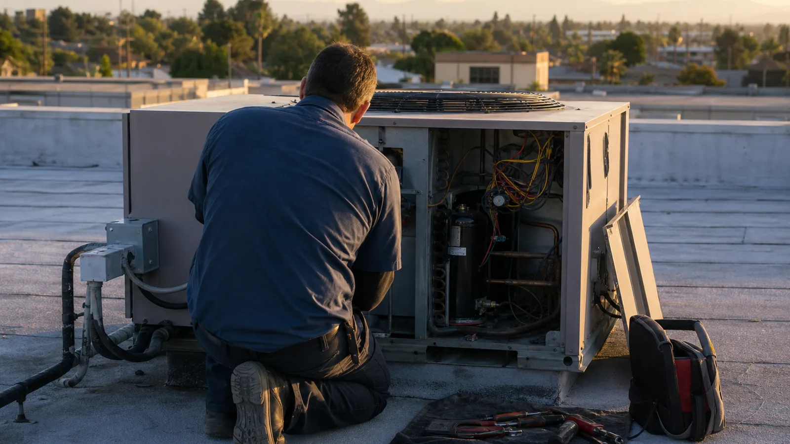 An HVAC technician on a rooftop, back to camera, working on an open rooftop unit at late afternoon, city skyline soft in the background.