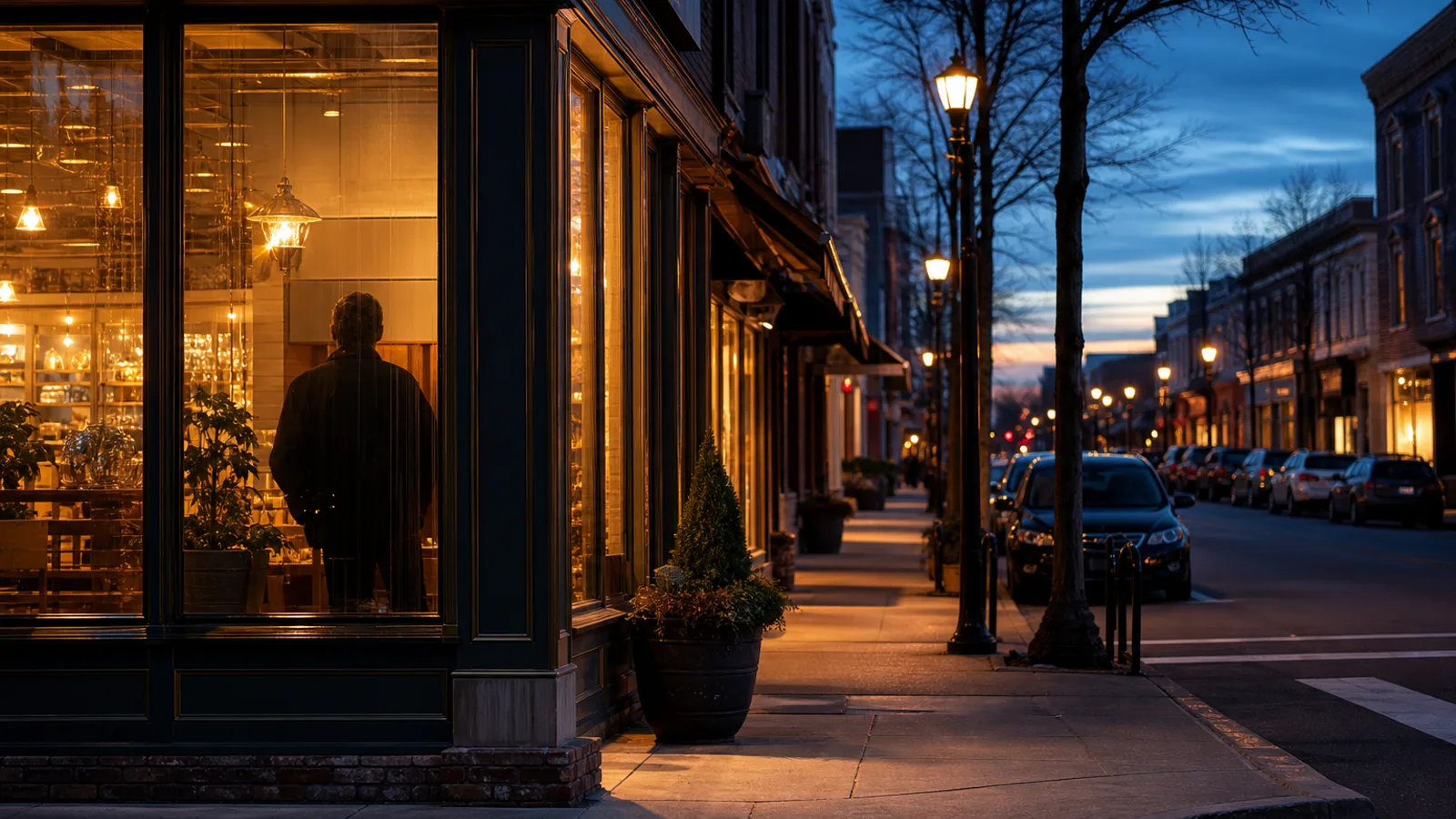 A small-town main street at dusk, one corner shop glowing with an open sign, a pedestrian's reflection in the storefront window.