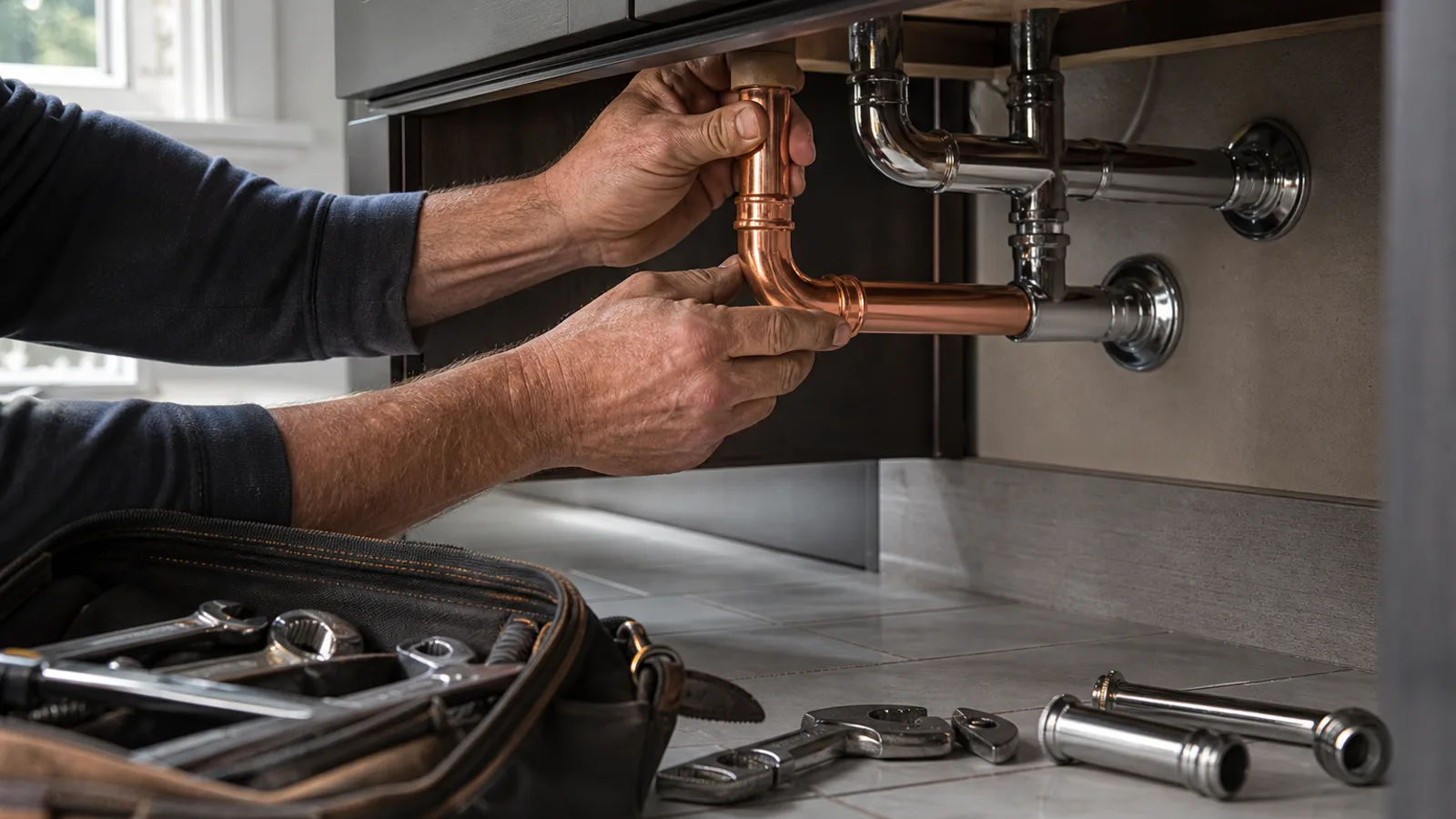 A plumber's hands fitting a copper pipe junction under a residential sink, tool bag open beside them, bathroom tile and afternoon light visible.
