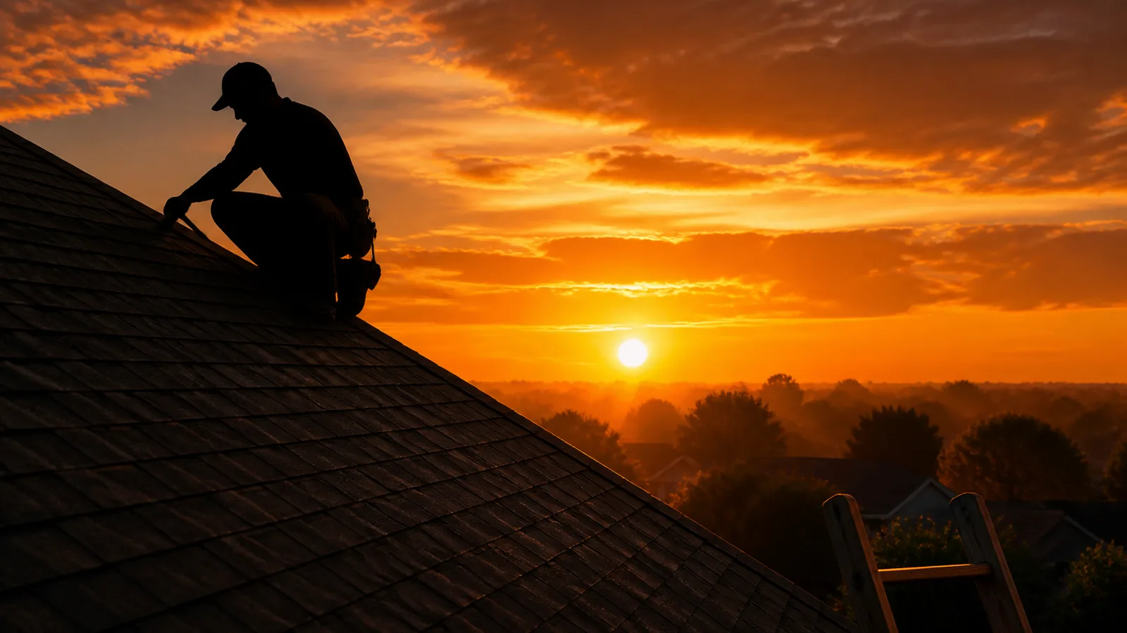 A roofer's silhouette standing at the peak of a steep residential roof at sunrise, a suburban neighborhood spreading below, a ladder rail visible.