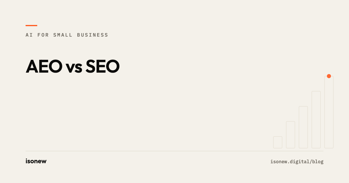 AEO vs SEO: Which Job a Small Business Funds This Quarter — article cover from the isonew AI for Small Business series