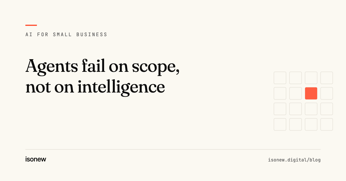 Agents fail on scope, not on intelligence — article cover from the isonew AI for Small Business series