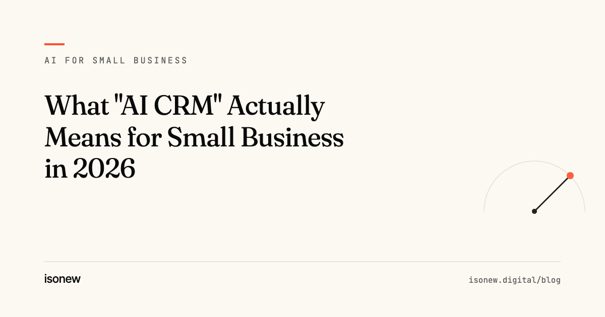 What "AI CRM" Actually Means for Small Business in 2026 — article cover from the isonew AI for Small Business series